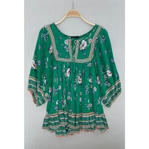 Emerald Green Boho Floral Peasant Tunic Top XS
